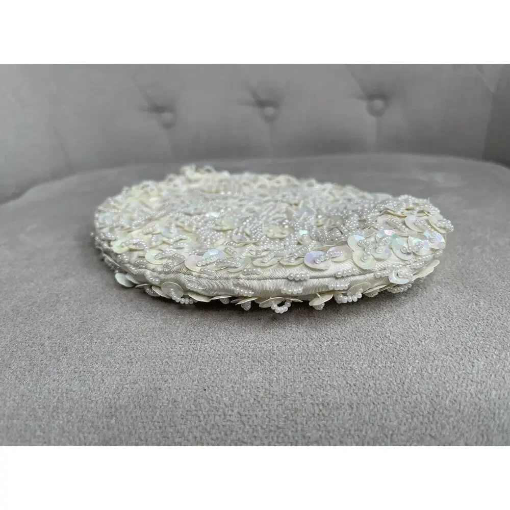 Vintage White Beaded Sequin Evening Clutch Bag Gold Kisslock Japan 5 X 6.5in